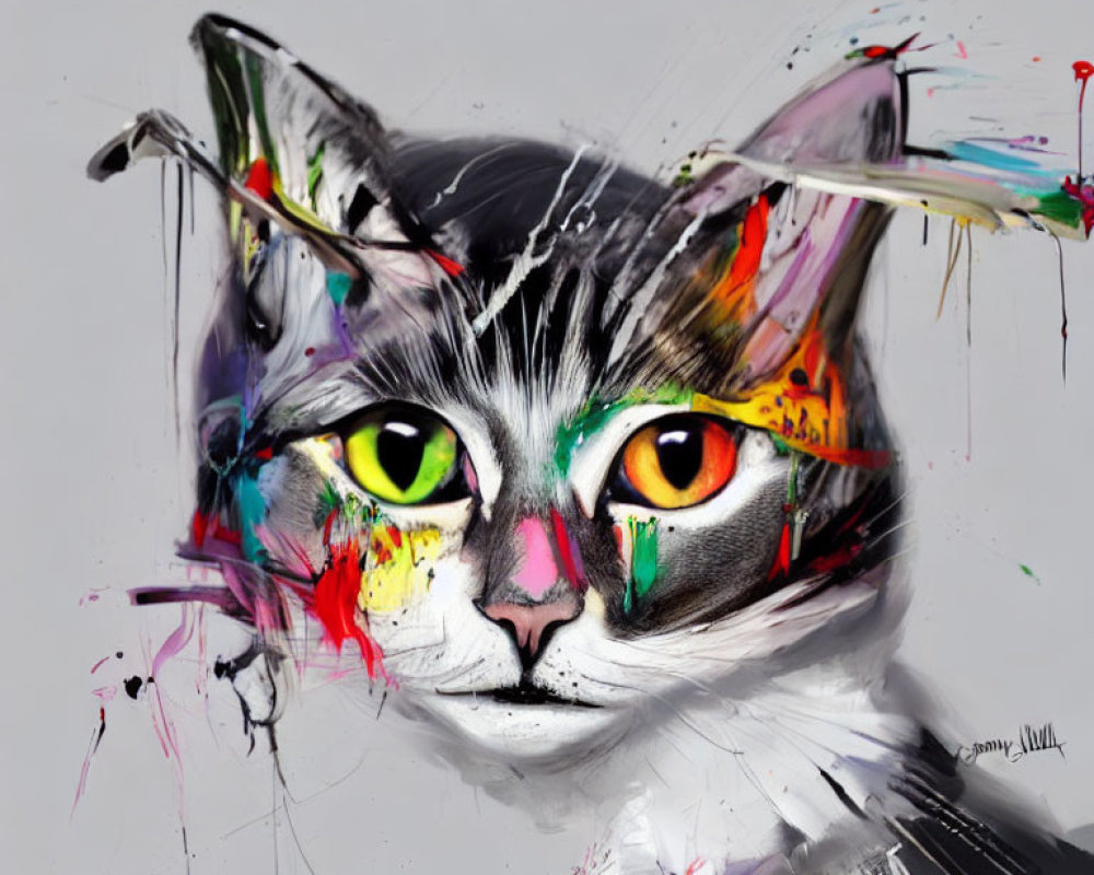 Vibrant painting of a cat with colorful splashes and expressive eyes