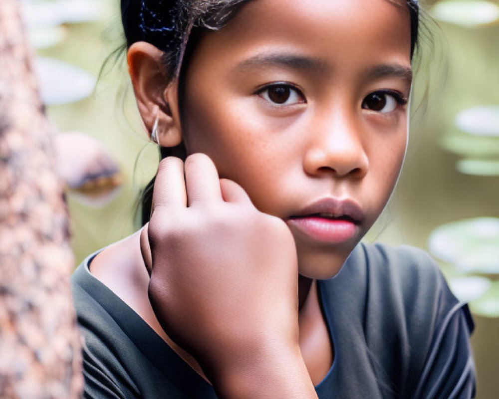 Young girl in black headband leaning against tree with green foliage and lily pads in background