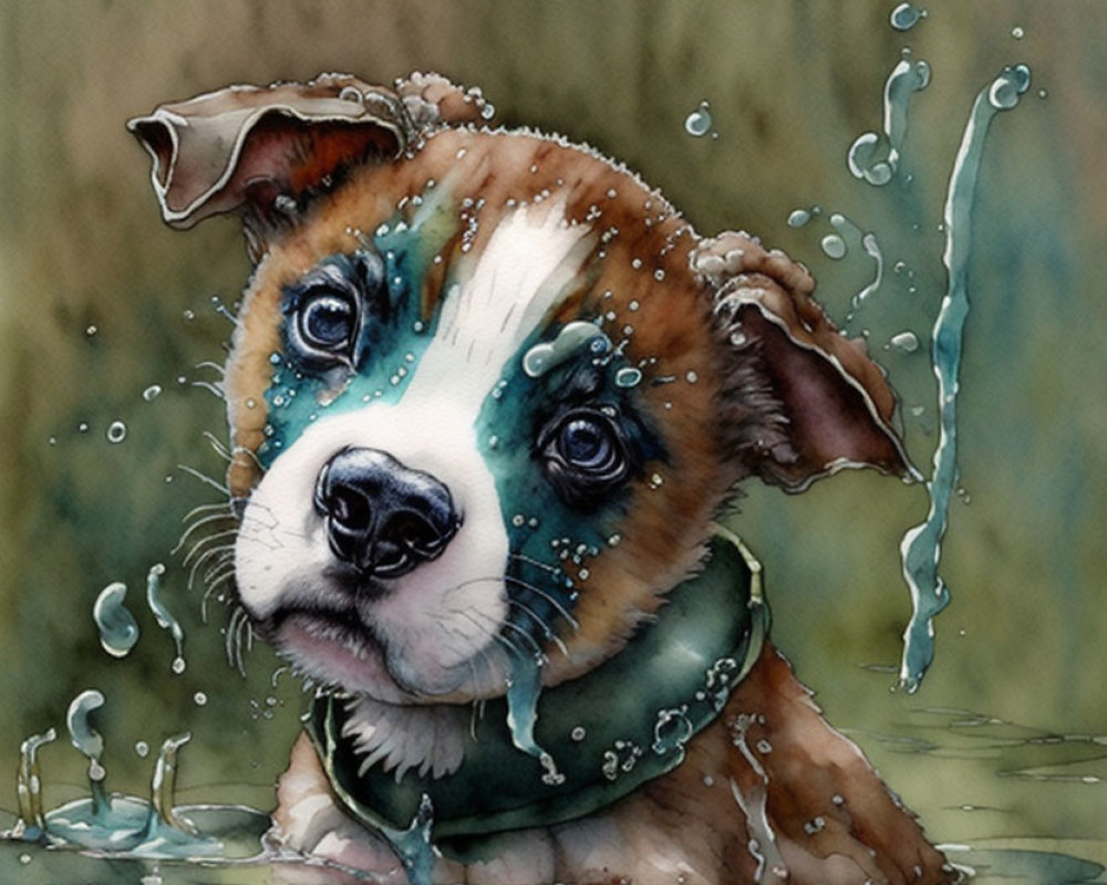 Wet puppy watercolor painting with expressive eyes