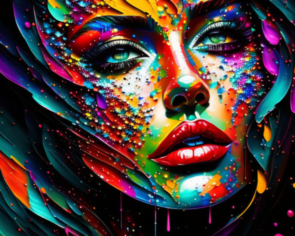 Colorful Abstract Digital Art of Woman's Face with Paint Splashes and Feather-like Patterns