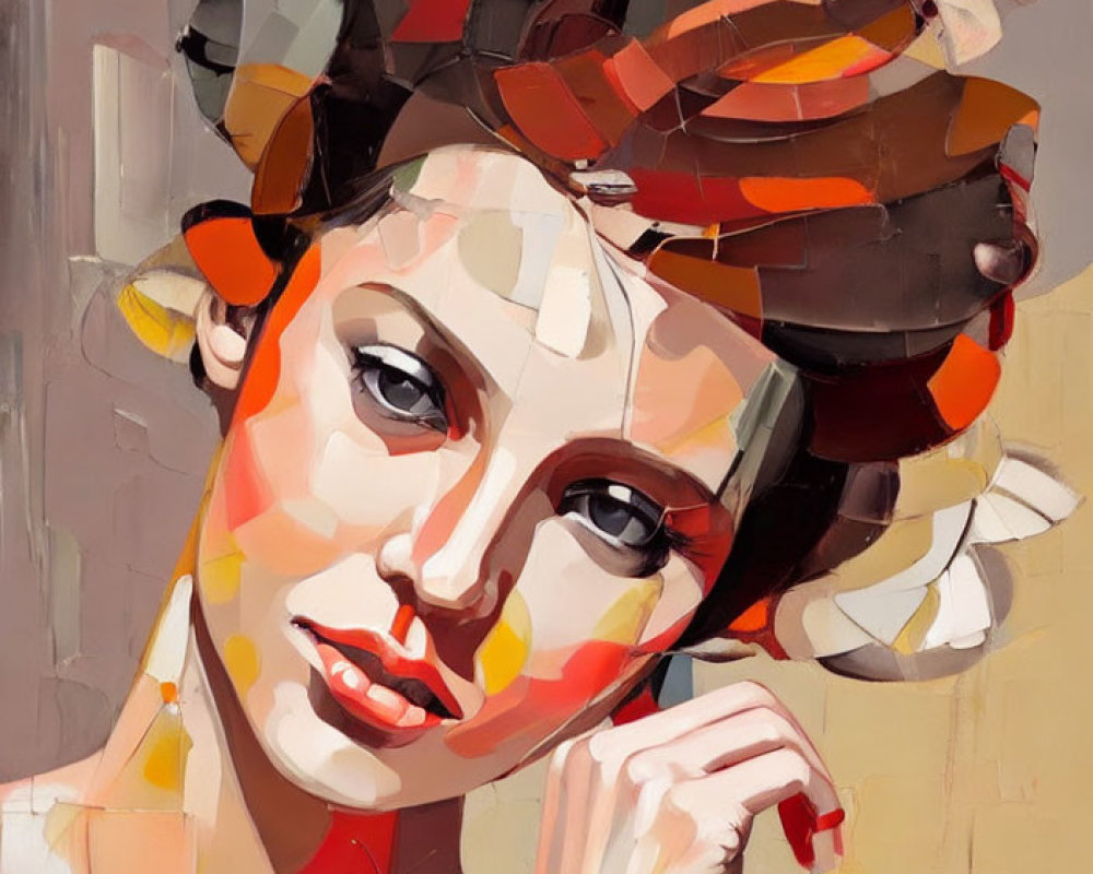 Abstract portrait of woman with geometric shapes and earthy tones