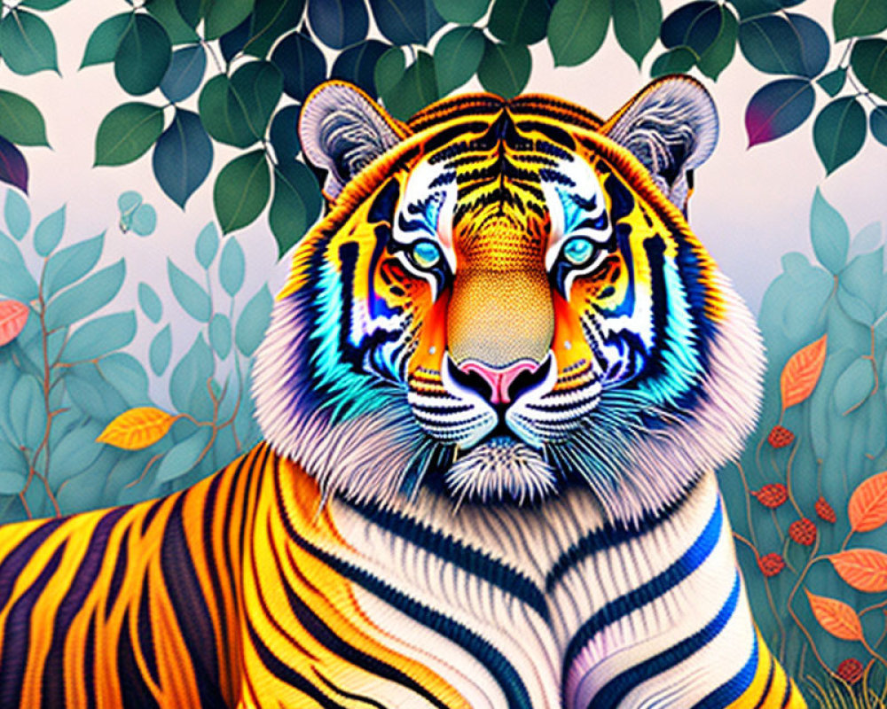 Colorful Tiger Illustration on Leafy Floral Background