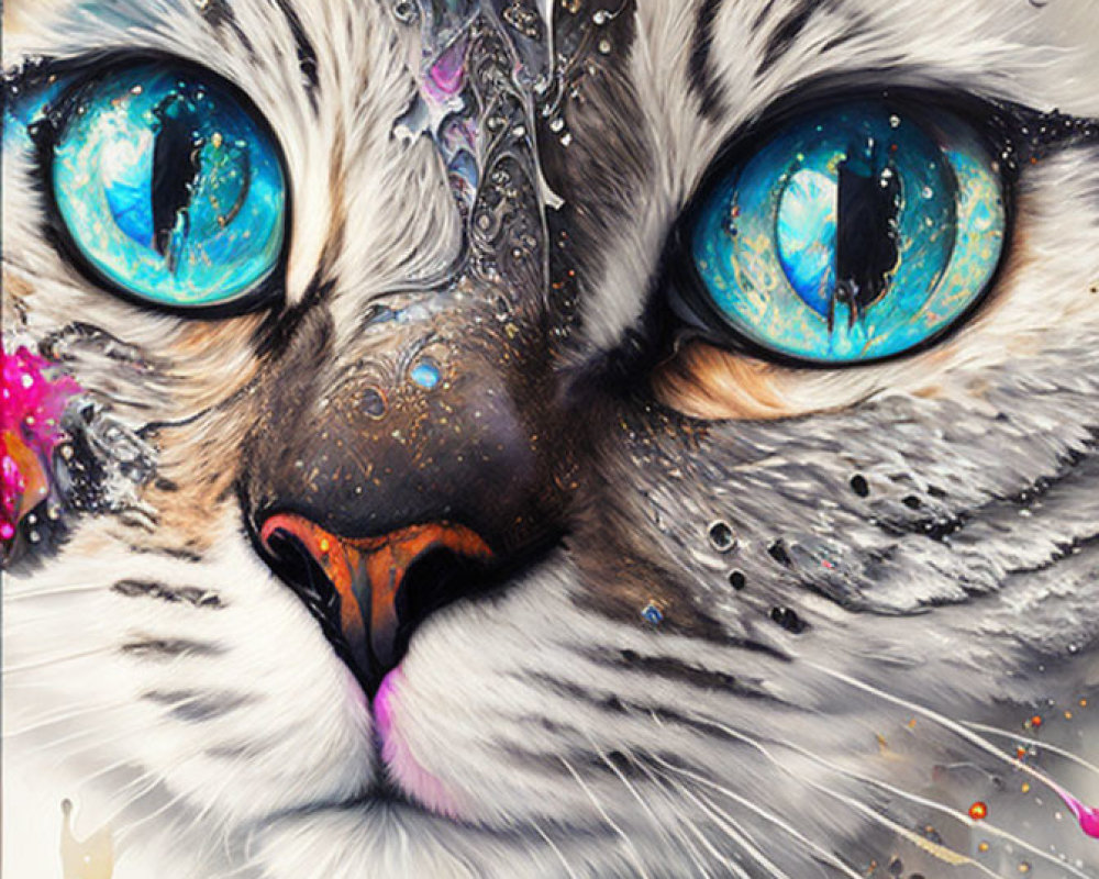 Vibrant close-up cat portrait with blue eyes and paint splatters