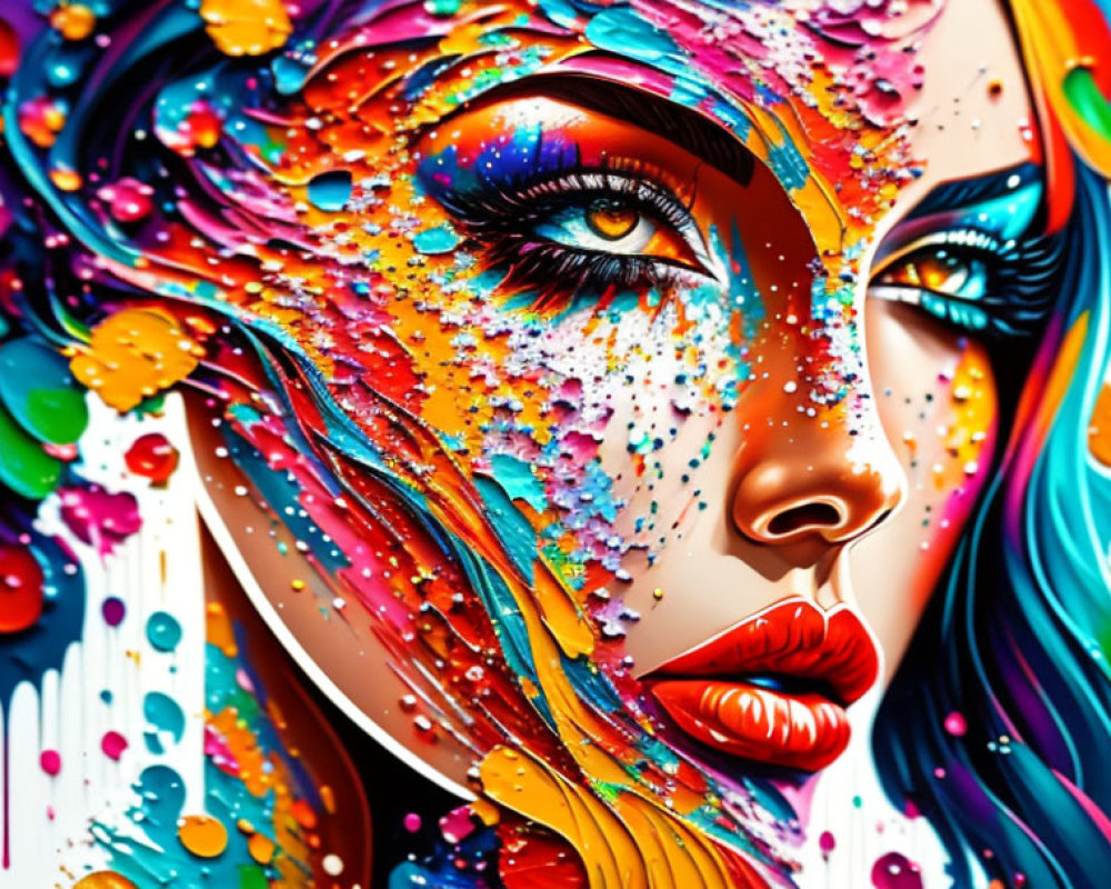 Vibrant artistic portrait of a woman with colorful paint splashes and expressive makeup