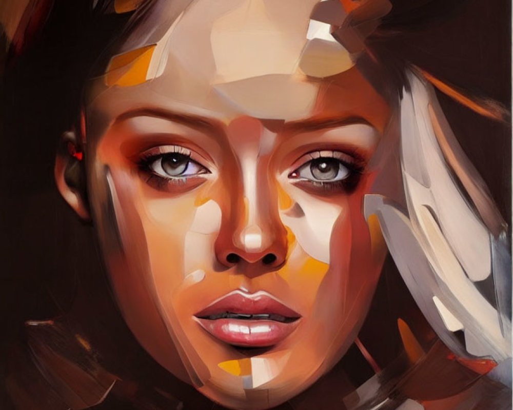 Abstract female face painting in warm tones with distorted features