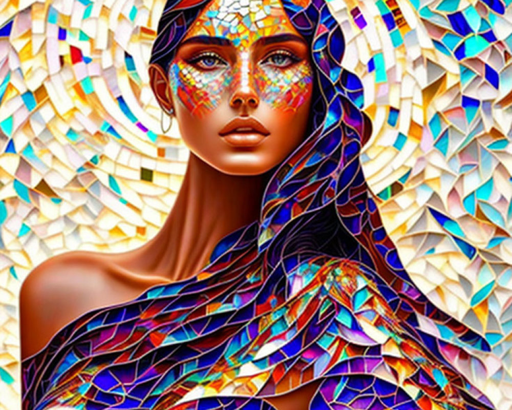 Colorful digital artwork: Woman with kaleidoscopic skin and mosaic background