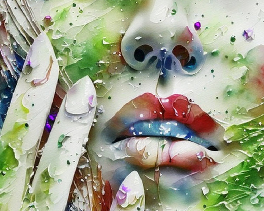 Colorful artistic portrayal of a woman's face with dynamic paint streaks.