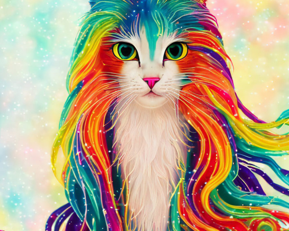 Colorful Cat Illustration with Rainbow Fur on Pastel Galaxy Background