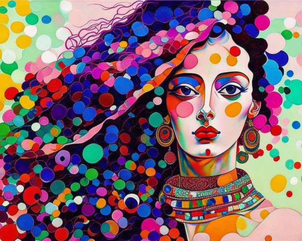 Colorful Stylized Woman Painting with Multicolored Dots and Bold Features