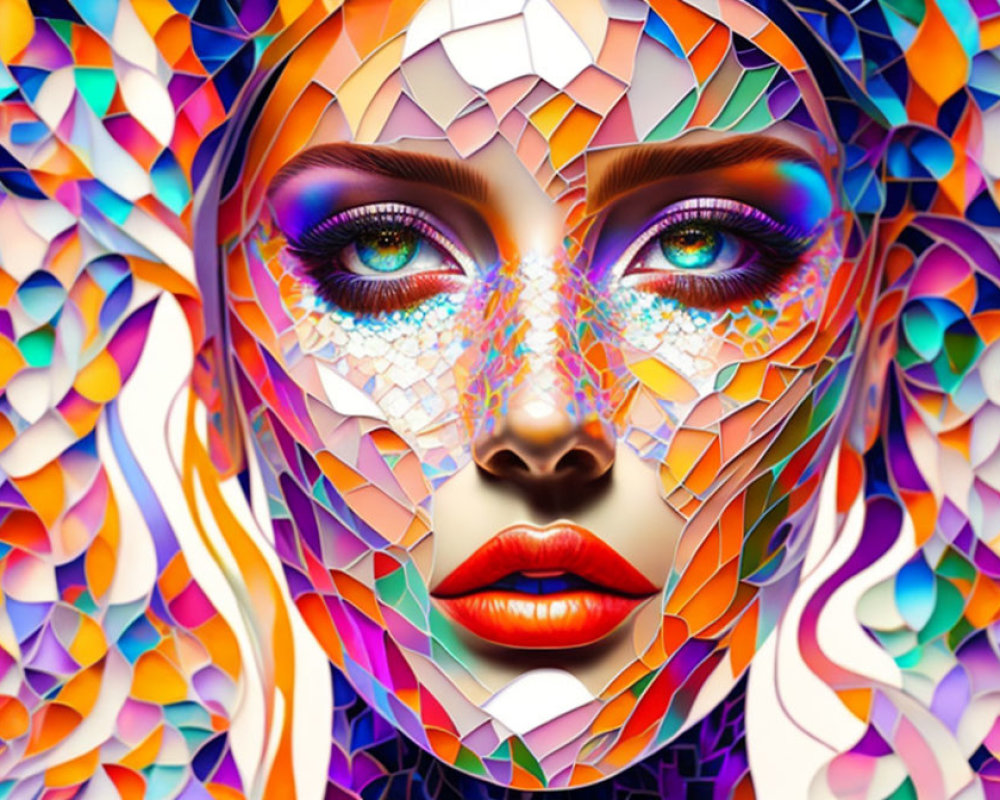 Vibrant Mosaic-Style Digital Artwork of Woman's Face