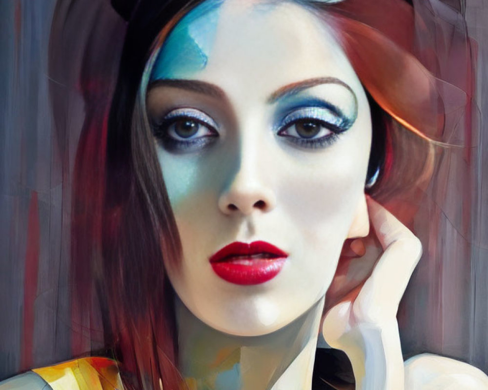 Stylized portrait of woman with blue eyeshadow and red lipstick