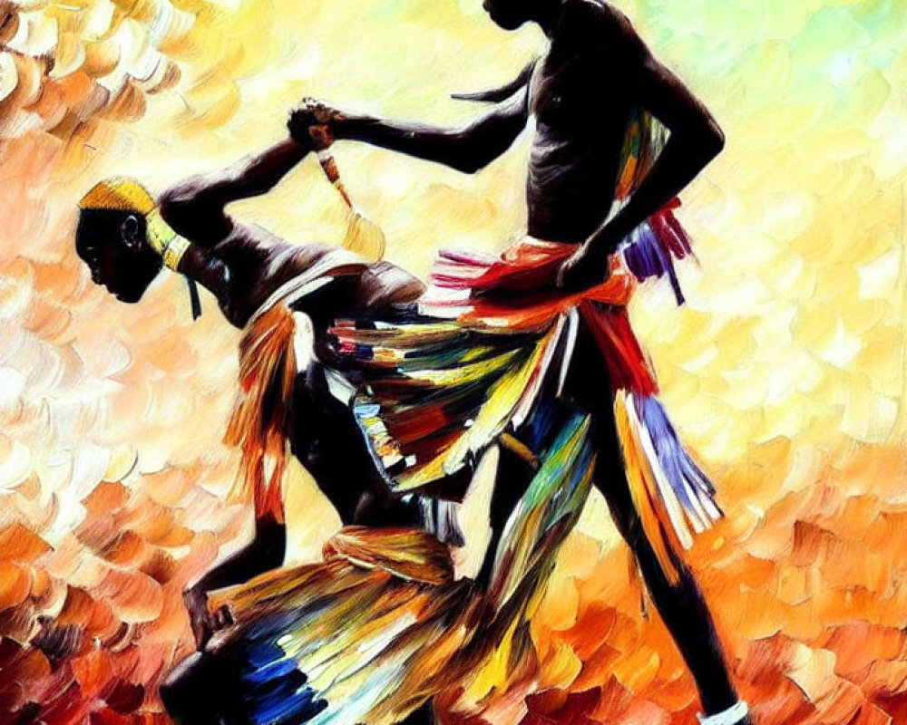 Vibrant painting of two silhouetted figures dancing against warm-toned background