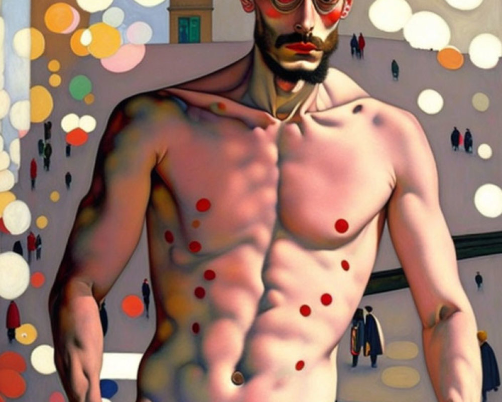 Shirtless man with mustache and red dots, colorful circles background