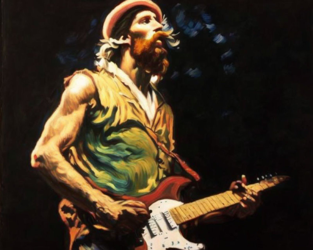 Stylized painting of musician playing electric guitar with dramatic lighting