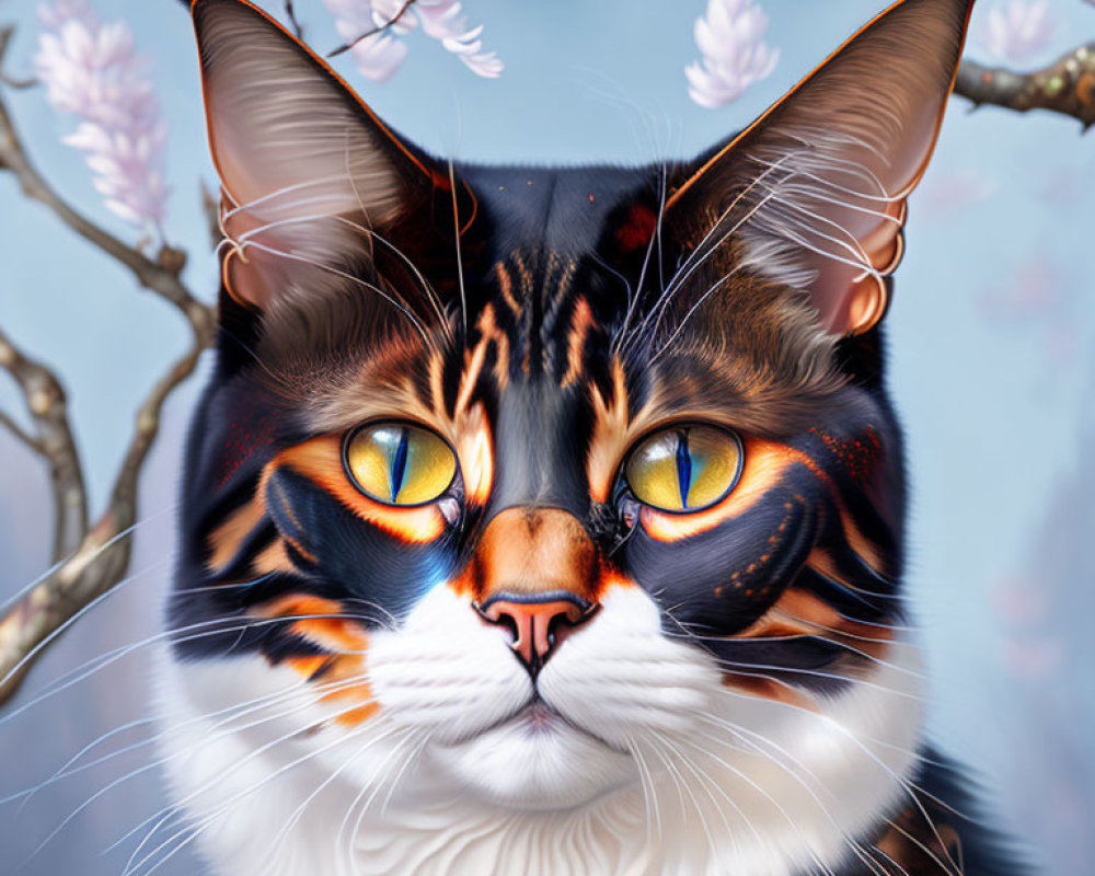 Hyper-realistic Cat Illustration with Orange-Yellow Eyes and Multicolored Fur against Pink Blossoms