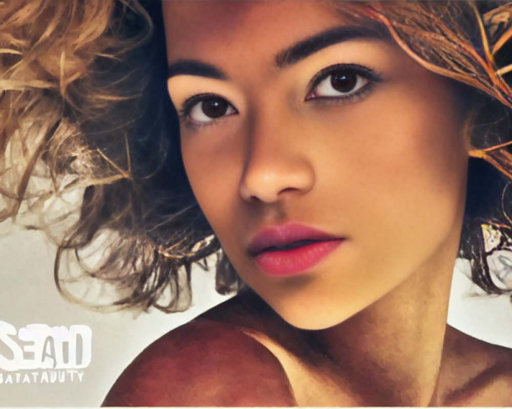 Confident woman with tousled hair and bold makeup gazing at the camera