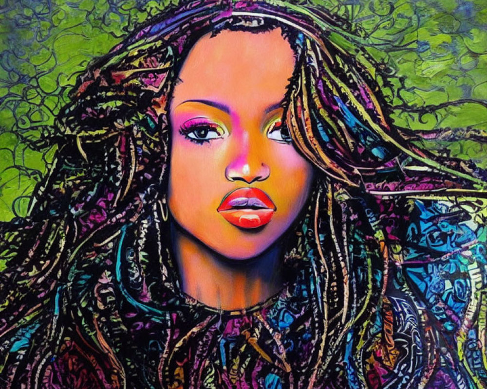 Colorful portrait of a woman with flowing dreadlocks on green background