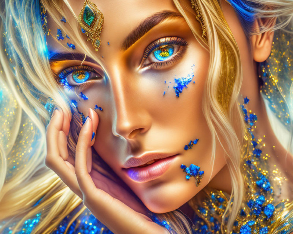 Fantasy portrait of a woman with blue eyes, golden hair, and blue glitter.