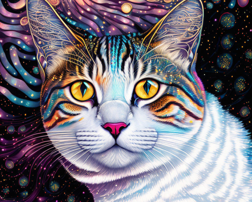 Vivid Cat Illustration with Yellow Eyes and Psychedelic Patterns