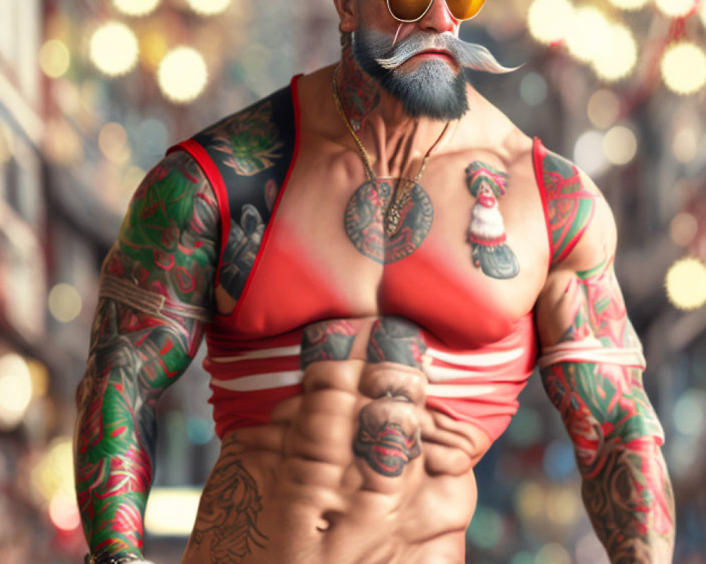 Tattooed shirtless male with sunglasses and punk-style belt