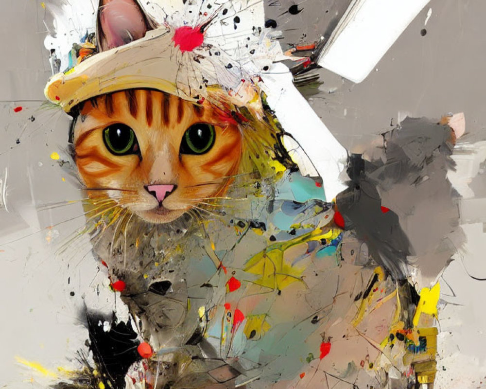 Colorful digital art: Cat with splattered paint effects and green eyes wearing painter's hat