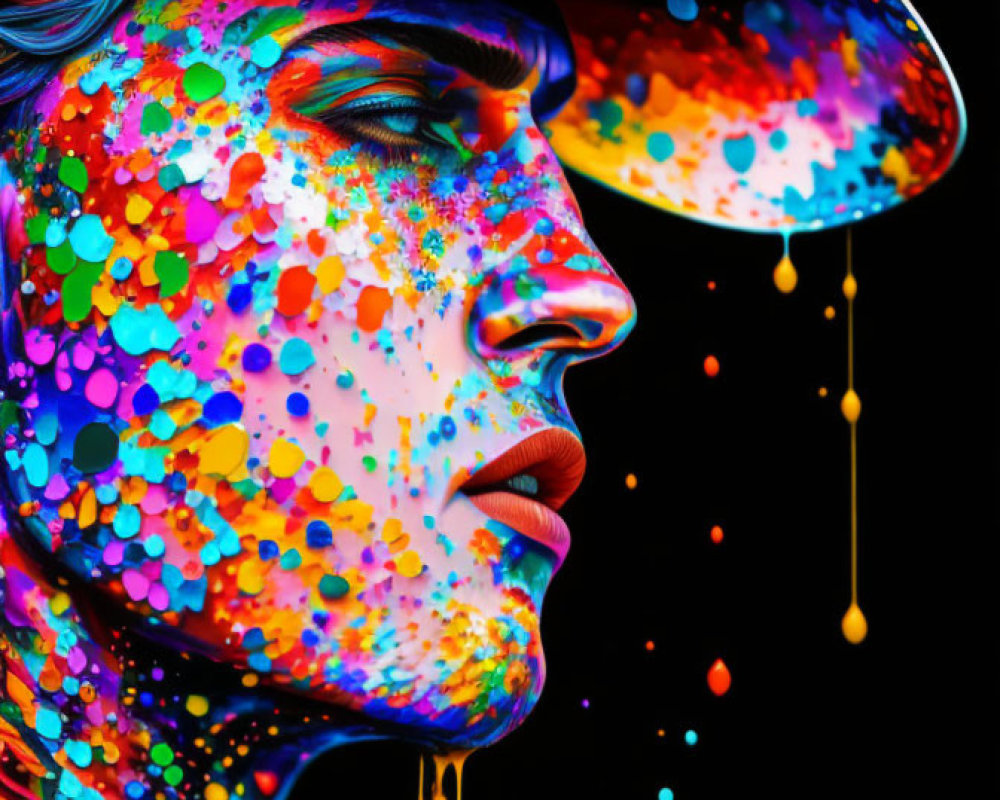 Neon-colored digital portrait with splattered paint effect, featuring a person in a hat with closed eyes