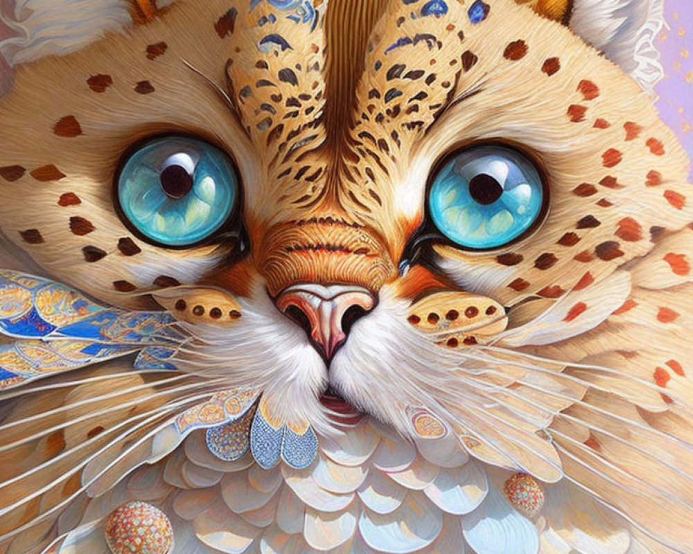 Detailed painting of fantastical cat with large blue eyes and intricate patterns in vibrant colors