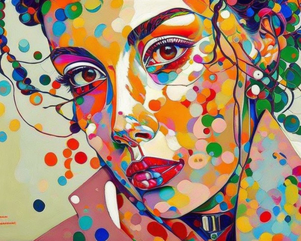 Abstract portrait of woman with vibrant dots and shapes on face