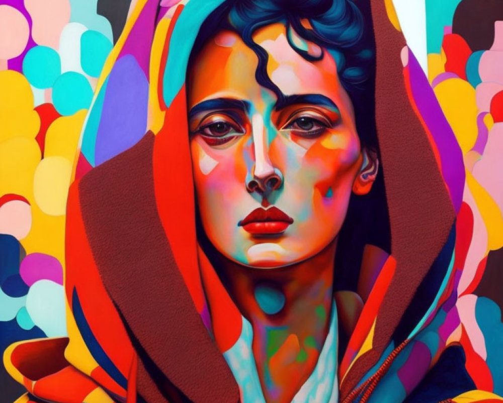 Colorful portrait of a woman in a vibrant hood against abstract backdrop