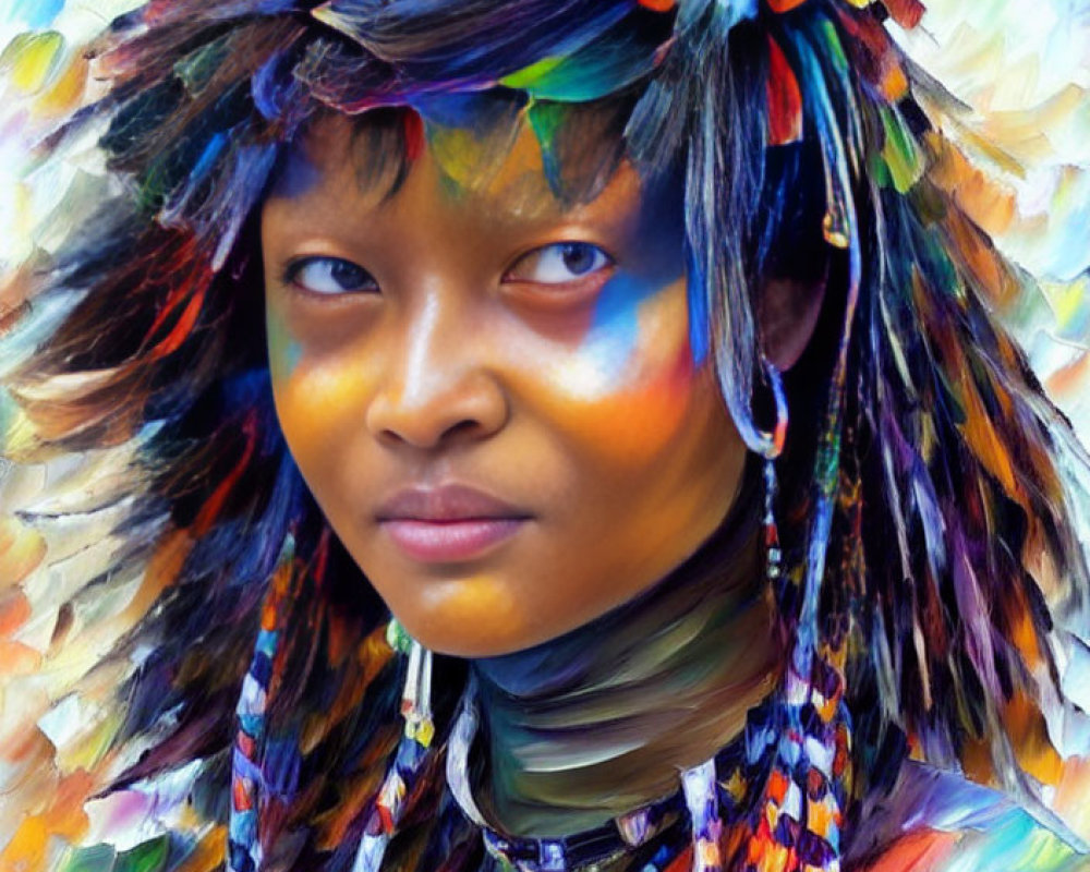 Colorful face paint woman with feathers in hair in vivid impressionistic painting