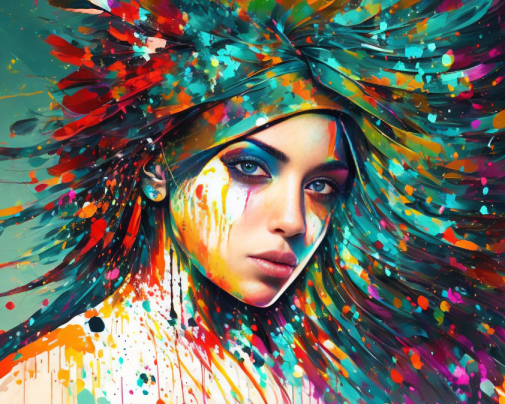 Colorful Digital Artwork of Woman with Explosive Paint Headdress