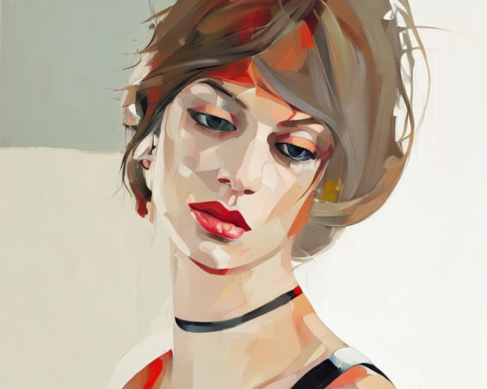 Abstract portrait of a woman with brown hair and red lipstick