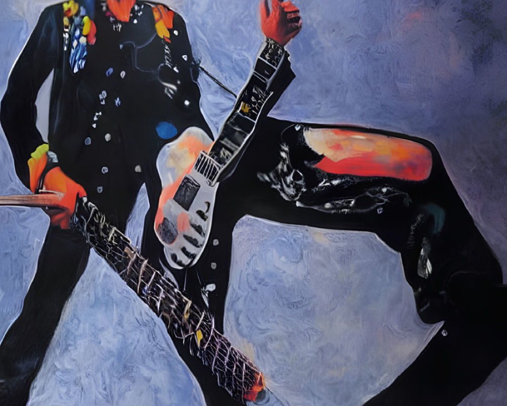 Vibrant painting of legendary guitarist in dynamic pose with guitar on blue background