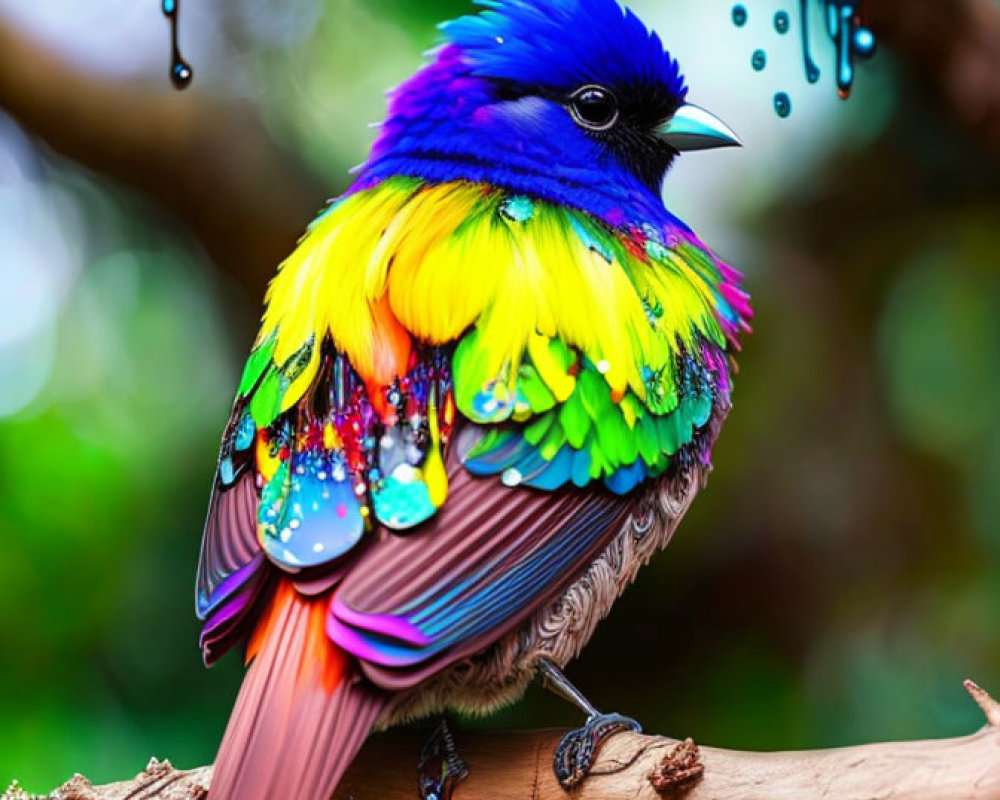 Colorful Bird Perched on Branch with Dewdrops