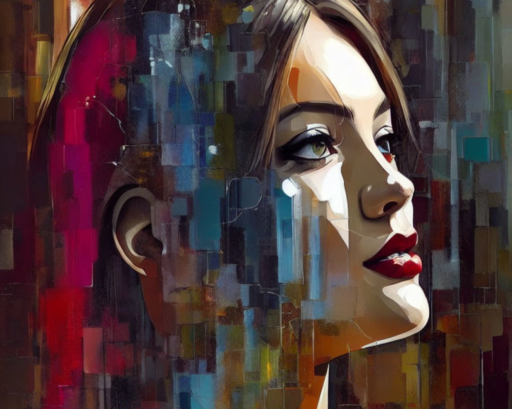 Abstract portrait of woman with red lips and geometric shapes