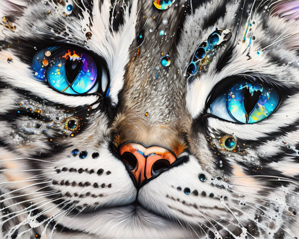 Detailed painting of white tiger's face with blue eyes & jewel-like embellishments