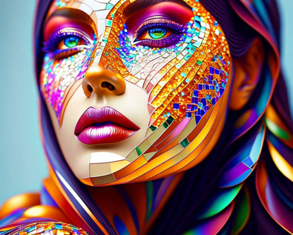 Colorful mosaic artwork of a woman's face with glittery details