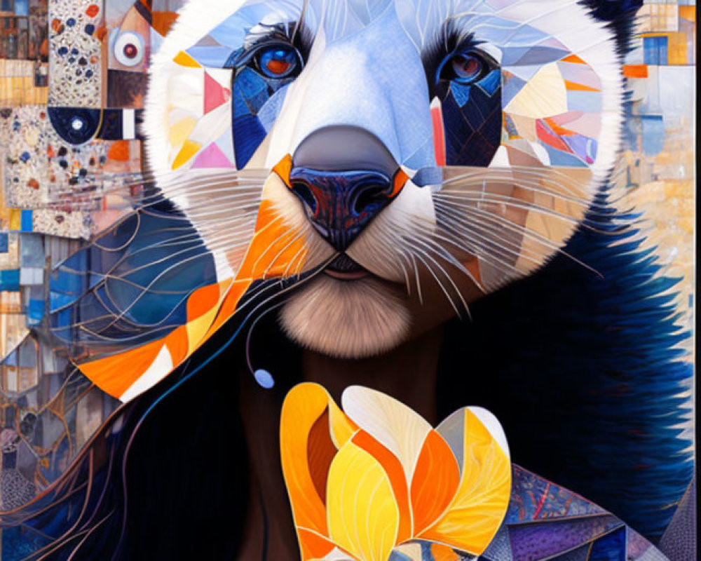 Colorful Geometric Portrait Blending Woman's Face with Raccoon Features