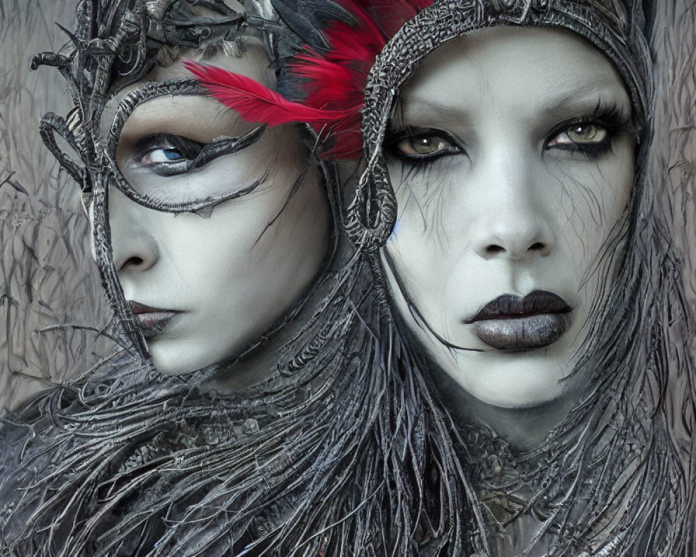 Avant-garde makeup and feathered headpieces create dramatic appearance