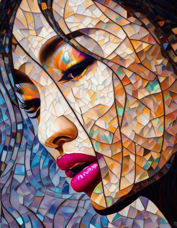 Vibrant mosaic artwork of a woman's profile with bold makeup and abstract geometric design