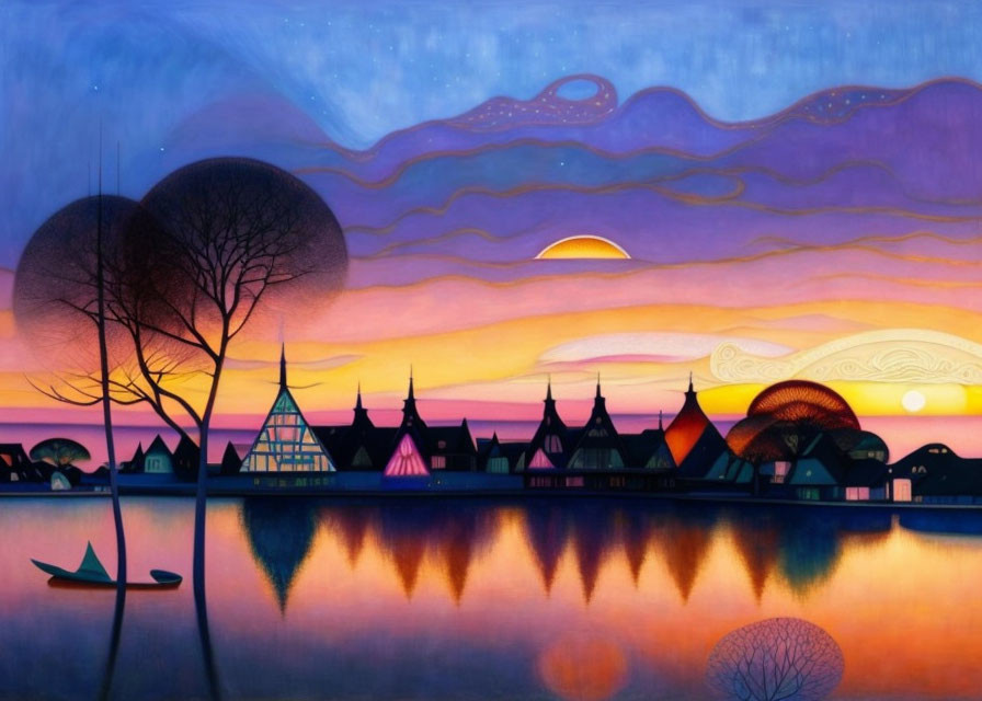 Colorful Sunset Painting with Stylized Village and Sailboat