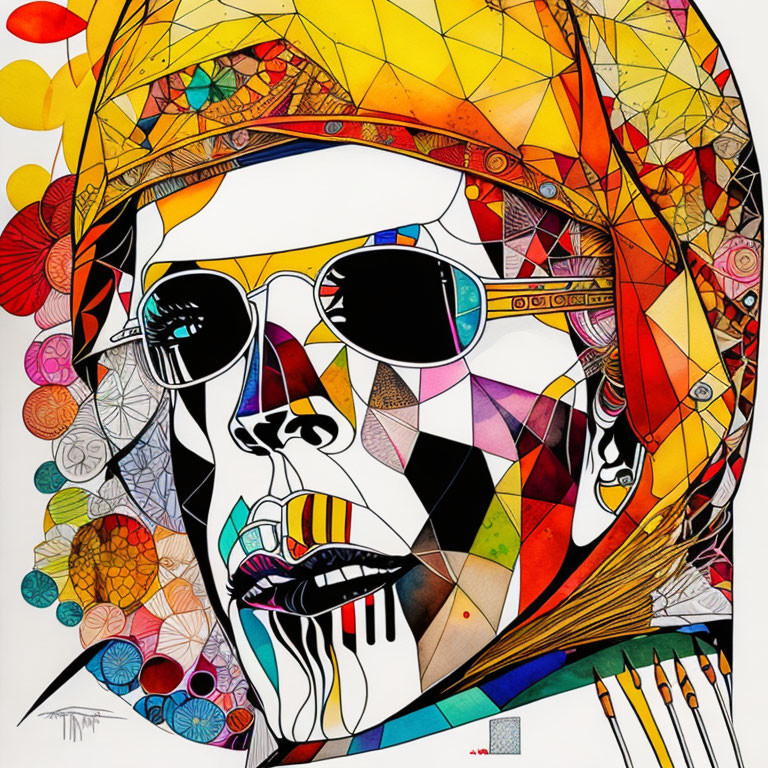 Vibrant abstract portrait with skull motif and geometric patterns