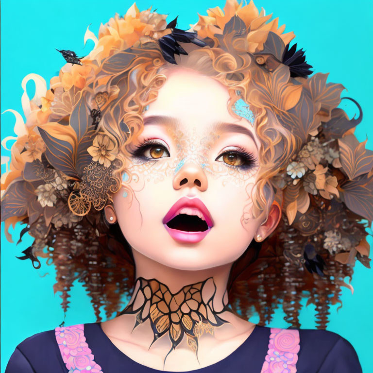 Detailed digital portrait of a girl with floral hair decorations and butterfly, lace-like tattoos, teal background