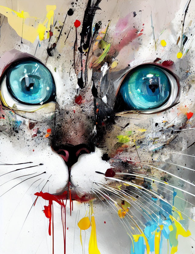 Colorful Abstract Cat Face Artwork with Blue Eyes and Dynamic Brush Strokes