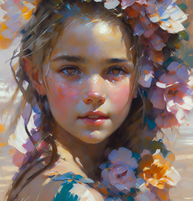 Young girl with floral wreath in expressive painting.