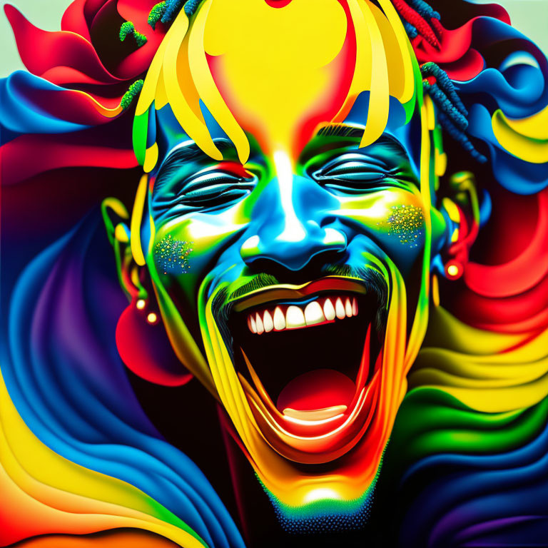 Colorful digital artwork: Laughing person with rainbow skin and floral elements