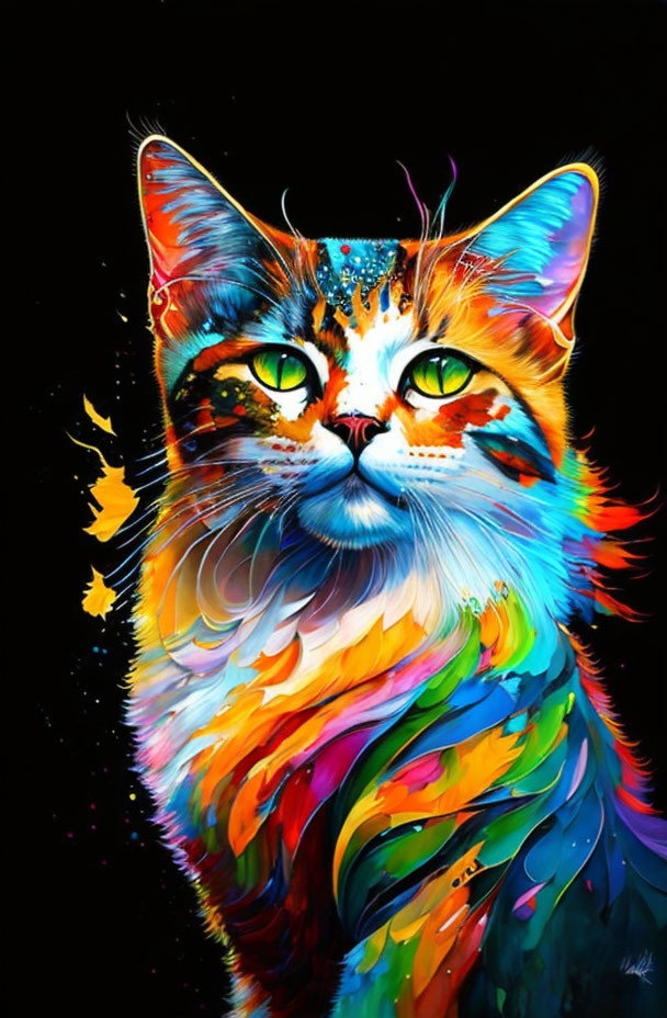 Colorful Cat Painting with Bright Hues on Black Background