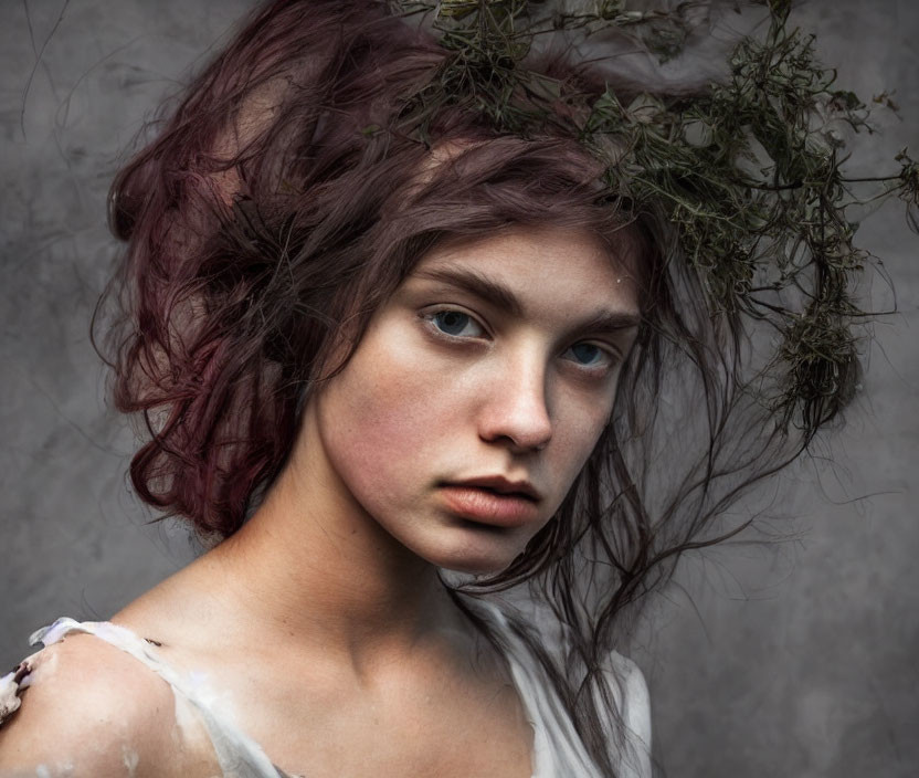 Young Person with Reddish-Brown Hair and Blue Eyes in Tattered White Garment