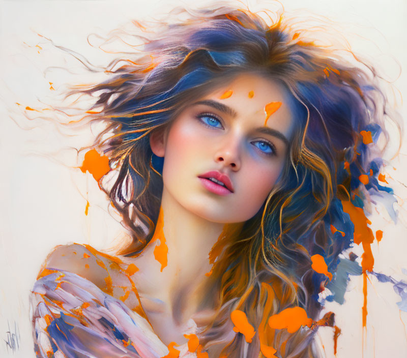 Young woman's portrait with flowing blue hair & orange paint splatters