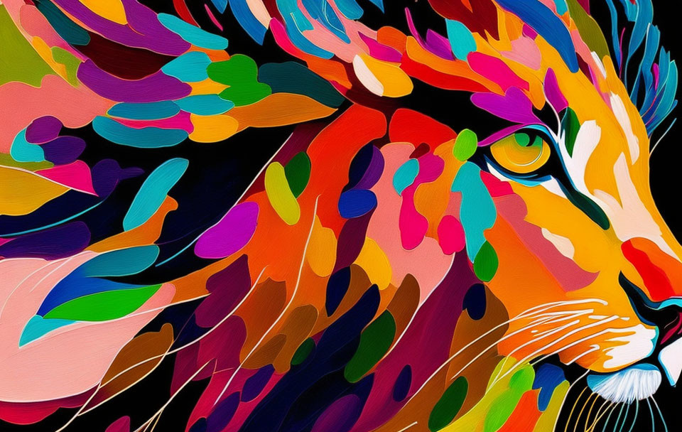 Vibrant Stylized Lion Face Artwork with Multicolored Brush Strokes